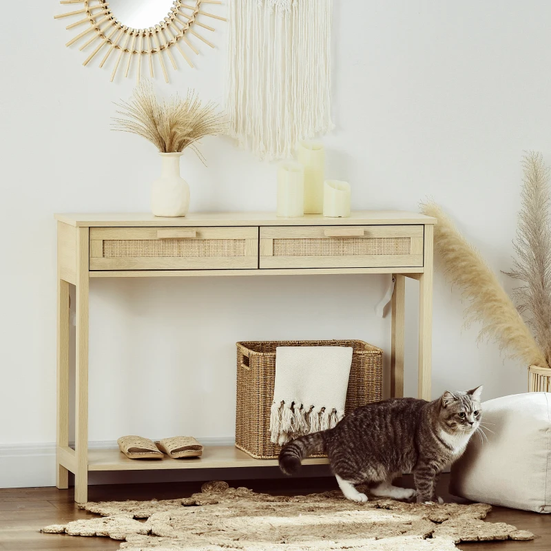 HOMCOM Console Table d'appoint dim. 100L x 30l x 76H cm 2 tiroirs façades cannage en rotin étagère MDF Aspect Bois Clair