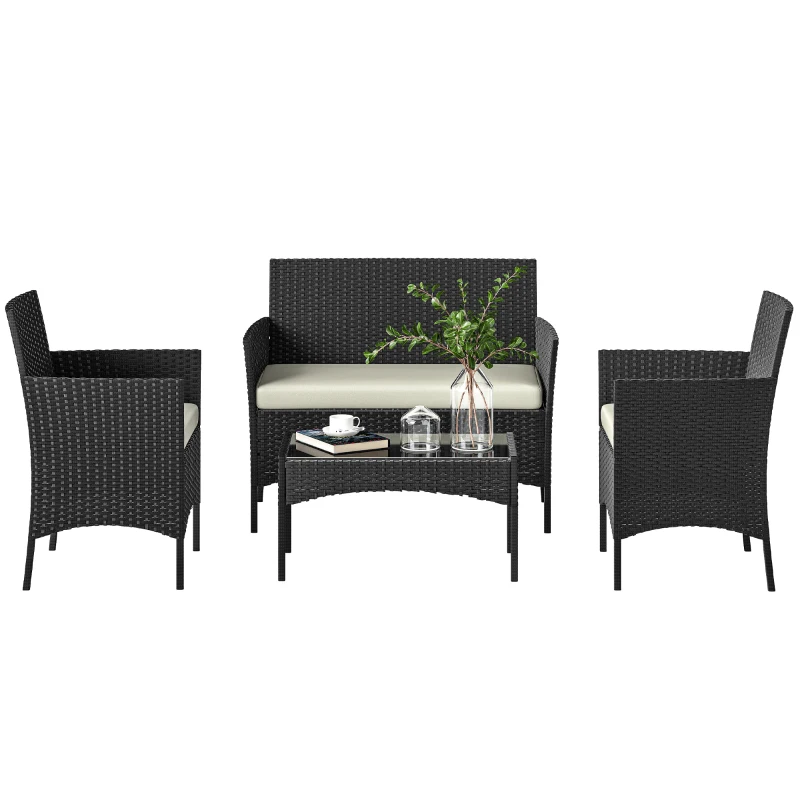 Outsunny Conjunto Muebles Jardín de Ratán Sintético con Sofá Sillones y Mesa de Vidrio Templado y Cojines Negro y Crema
