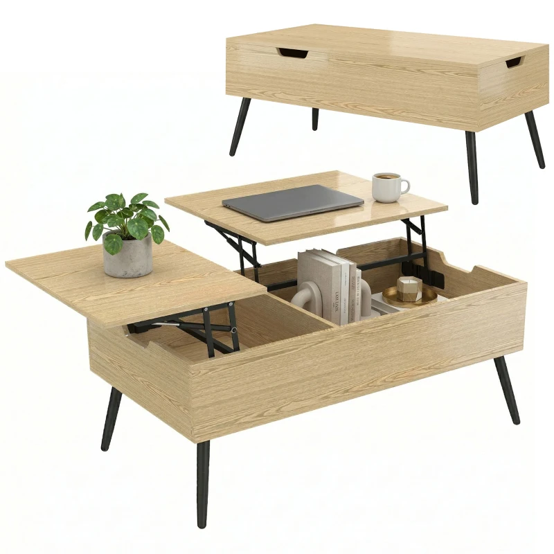 HOMCOM Mesa de centro elevable con doble tablero, mesa de salón con compartimento oculto y patas en metal, madera natural