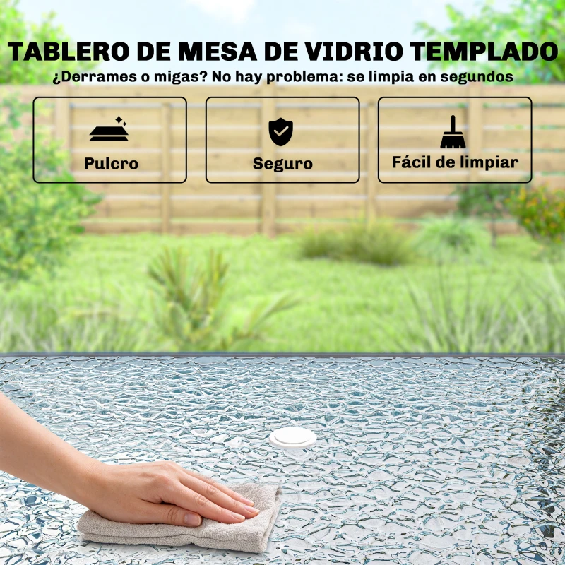 Outsunny Conjunto de Mesa y Sillas Jardín de 8 Piezas con Sombrilla 6 Sillas Plegables Mesa de Vidrio Templado Crema