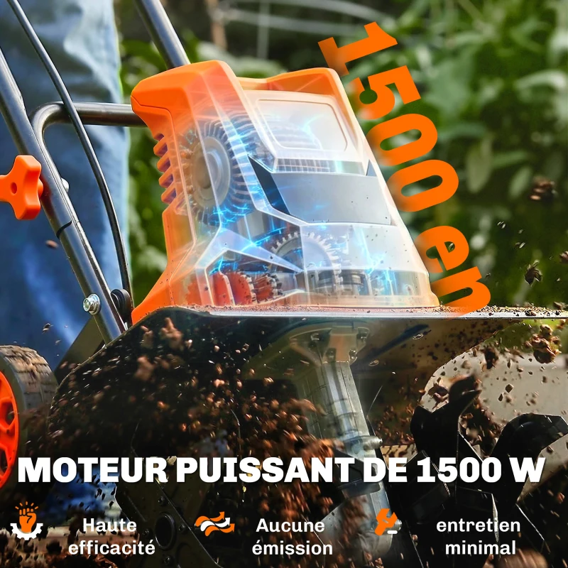 Outsunny Motobineuse Électrique Motoculteur 1500W 6 Lames 65Mn Largeur 40cm Profondeur 20cm Pliable et Étanche IPX4 Orange