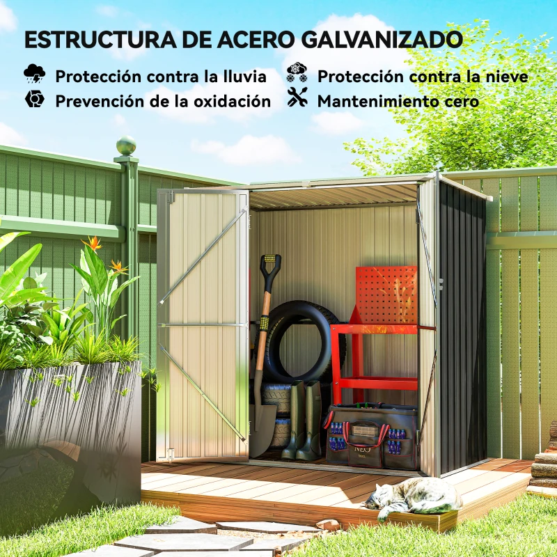 Outsunny Cobertizo de Jardín Exterior Metálico 1,37 m² 163x89x163 cm con Techo Inclinado, Puertas con Pestillo y Guantes Gris