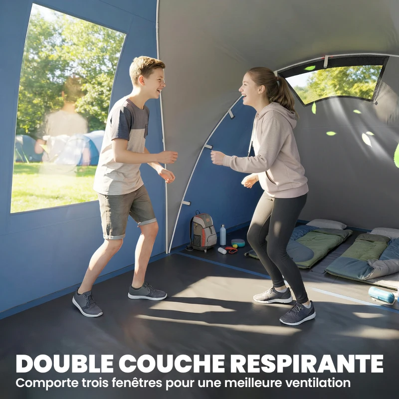 Outsunny Tente de Camping Double Couche Tunnel Familiale 4-5 Personnes 2 Chambres et Séjour pour 12 Personnes Bleu