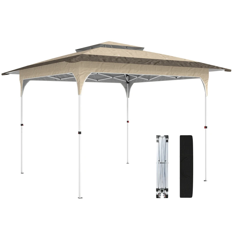 Outsunny Carpa Plegable 3,5x3,5 m Pop-up con Altura Ajustable 3 Niveles Doble Techo Cierre Central y Bolsa UPF50+ Caqui