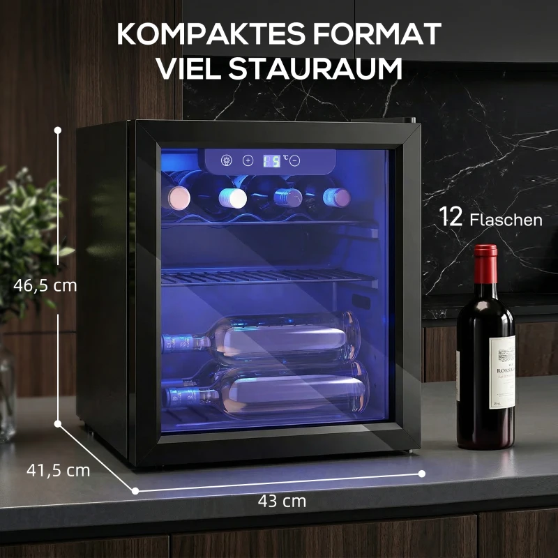 HOMCOM Weinkühler für 12 Flaschen, 36 L Kapazität, 4–16°C, Unterbau Kühlschrank für Getränke und Bier, mit Glastür, LED-Licht