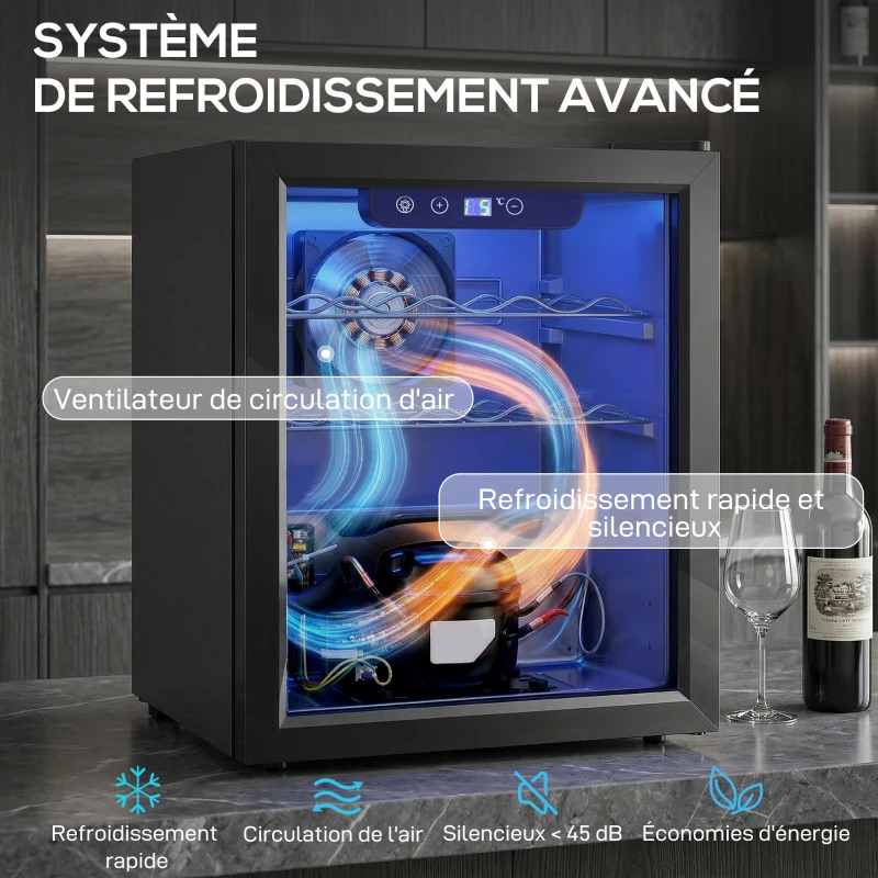 HOMCOM Cave à vin 16 bouteilles 48L, réfrigérateur à vin et boissons avec température réglable 4-16 °C, porte réversible, noir