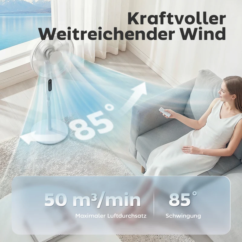 HOMCOM Standventilator mit 15-Stunden-Timer, 85° Oszillation, LED-Bedienfeld, Fernbedienung, weiß
