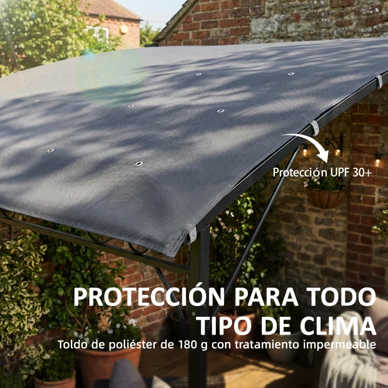Outsunny Pérgola de Pared 2,8x3,8 m con Techo Inclinado Orificios de Drenaje y Estructura Metálica Gris