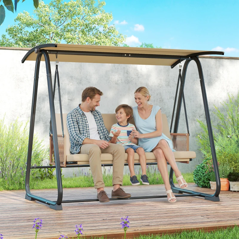 Outsunny Balancelle de Jardin Banc Suspendu Extérieur 3 Places Structure Acier Robuste 360kg Coussin Grand Confort 7cm Sable