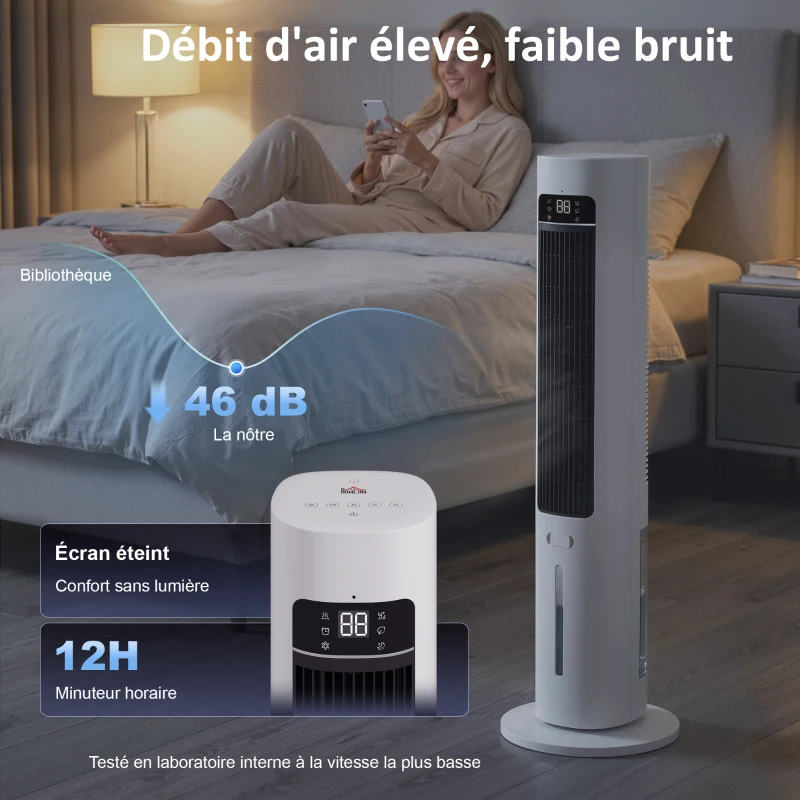 HOMCOM Refroidisseur d'air colonne 3 en 1 refroidisseur humidificateur ventilateur, oscillation 48°, 3 vitesses 3 modes, blanc
