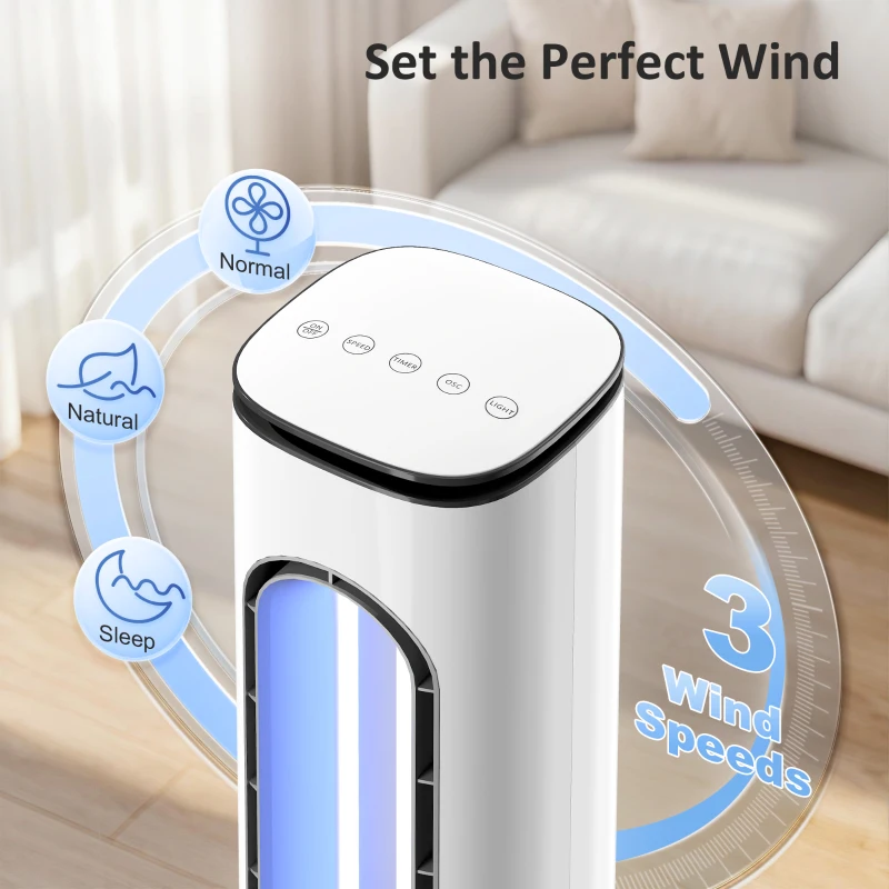 HOMCOM Bladeless Tower Fan for Bedroom, 35dB Standing Cooling Fan with Oscillating, LED Lights, 3 Speeds, 15H Timer, White