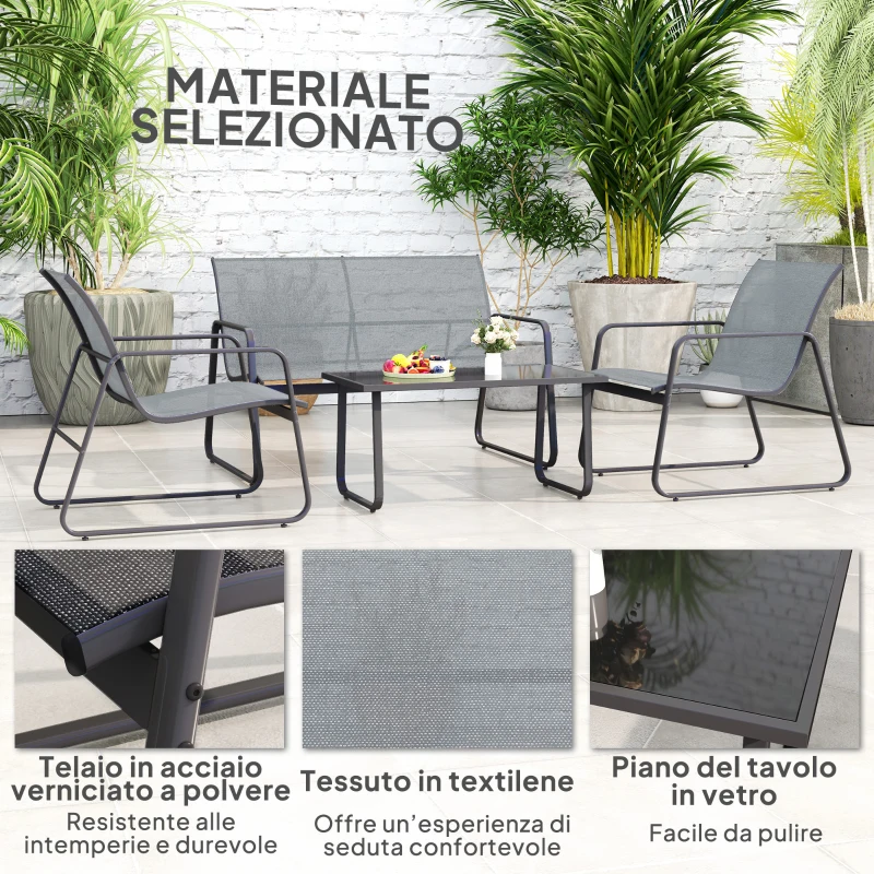 Outsunny Set da Esterno 4pz con Tavolino da Caffè, Panchina 2 Posti e 2 Sedie, in Metallo e Texteline Grigio Chiaro