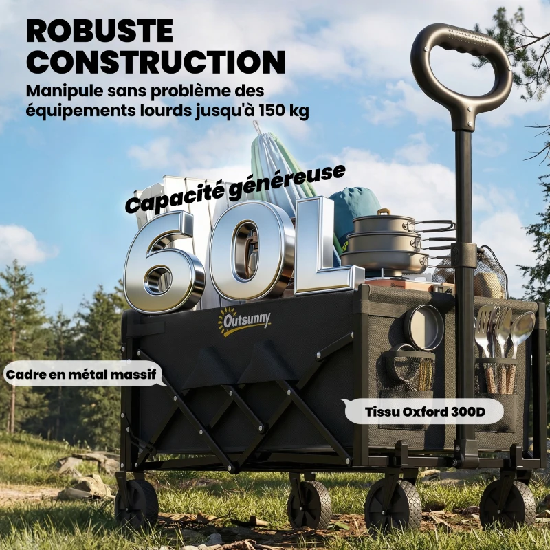 Outsunny Chariot de Transport Pliable 60L, Porte Arrière Rabattable, Roues Amovibles, Poignée Réglable, 71x45x86cm, Noir
