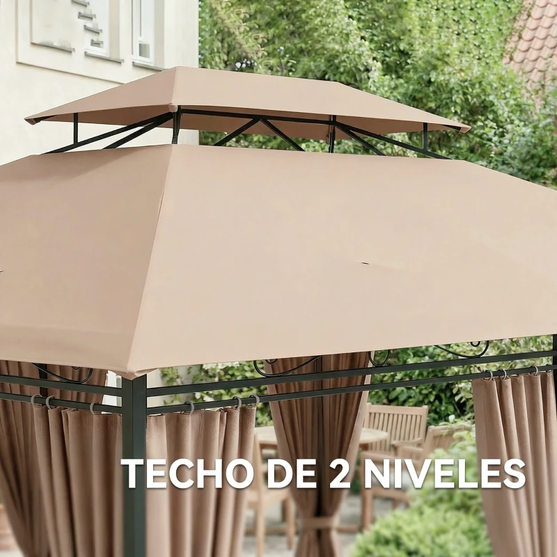 Outsunny Cenador para Jardín 3x4 m Pabellón de Jardín Gazebo con Doble Techo 6 Paredes Laterales Estructura Metálica Caqui