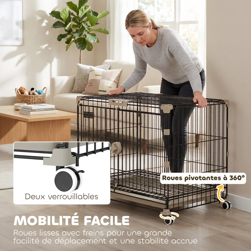 PawHut Cage pour Chien Pliable, Plateau Amovible, Roues avec Freins, Toit Ouvrant, Porte de Nourrissage, 60,5x45,5x54,5cm, Noir