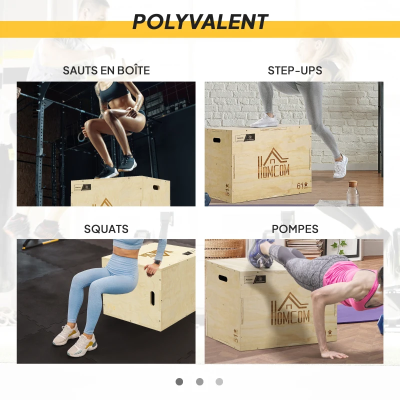 Box jump pliométrie 3 en 1 - Collaboration Aosom.fr x FFHandball - saut musculation fitness 61x51x76cm bois