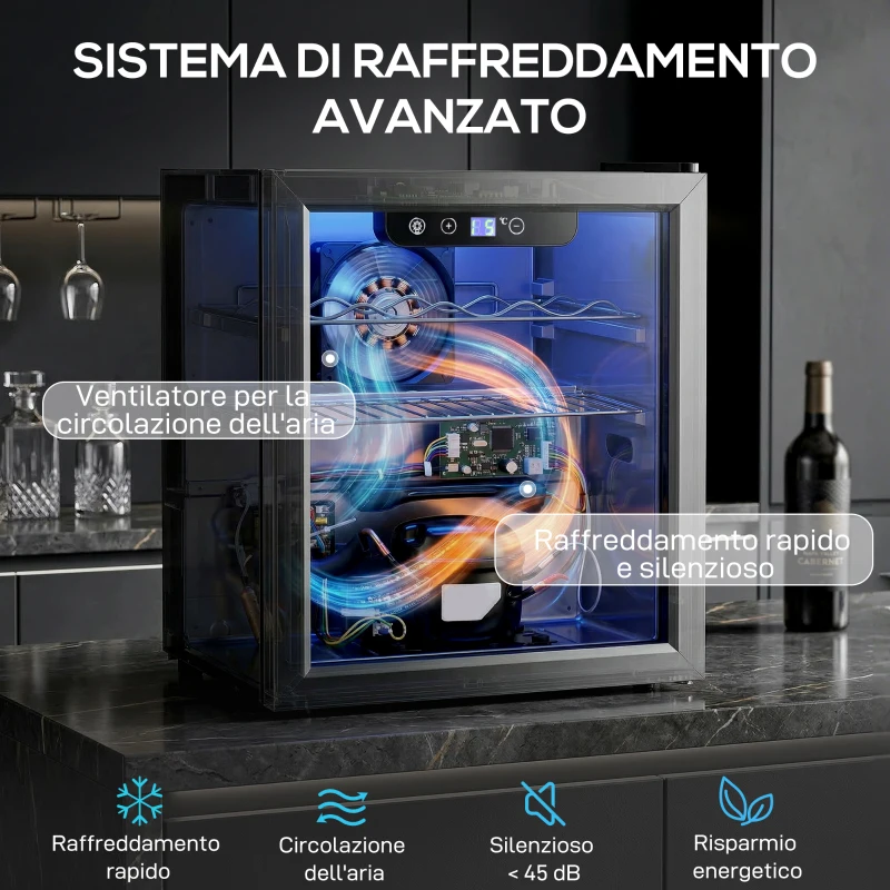 HOMCOM Cantinetta Vino Refrigerata 12 Bottiglie 36L, Temperatura Regolabile 4-16°C con Vetro Anti UV, Nera