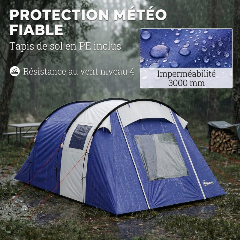Outsunny Tente de Camping pour 4 Personnes, 2 Chambres, Imperméable 3000mm, avec Tapis de Sol et Sac, 420x300x200cm, Bleu Foncé