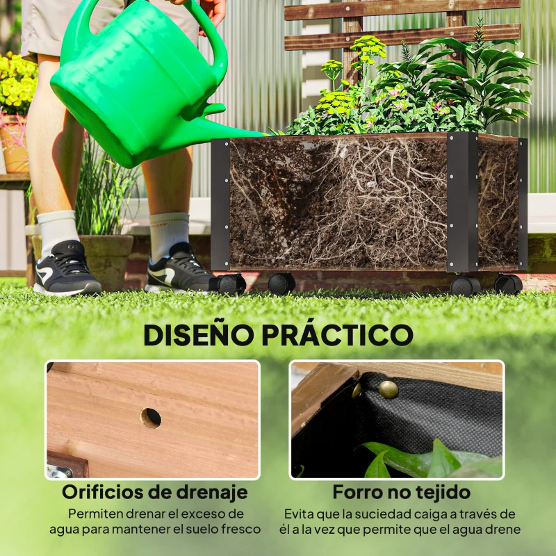 Outsunny Jardinera con Ruedas Enrejado Tela no Tejida y Esquinas Metálicas de Doble Capa 65x31x147 cm Carbonizado