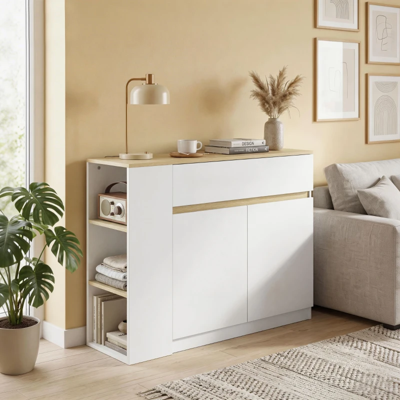HOMCOM Buffet meuble de rangement avec 2 tiroirs 3 étagères ouvertes et placard 2 portes 110 x 29,5 x 82 cm blanc