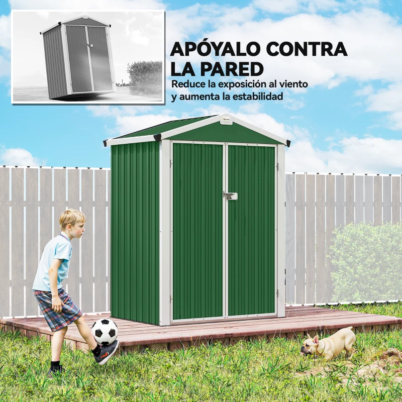 Outsunny Cobertizo de Jardín Exterior 1,1 m² 133x87x178 cm con 2 Puertas Abatibles Techo a Dos Aguas y Guantes Verde
