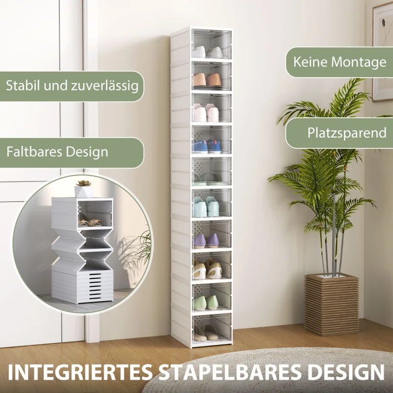 HOMCOM 10-stufiges Schuhregal, Schuhschrank, faltbar, belüftete Rückseite, Kunststoff, Weiß