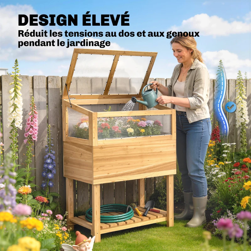 Outsunny Carré Potager sur Pieds avec Serre en Bois avec Couvercle Relevable, Étagère de Rangement, 80x45x108,5cm, Naturel