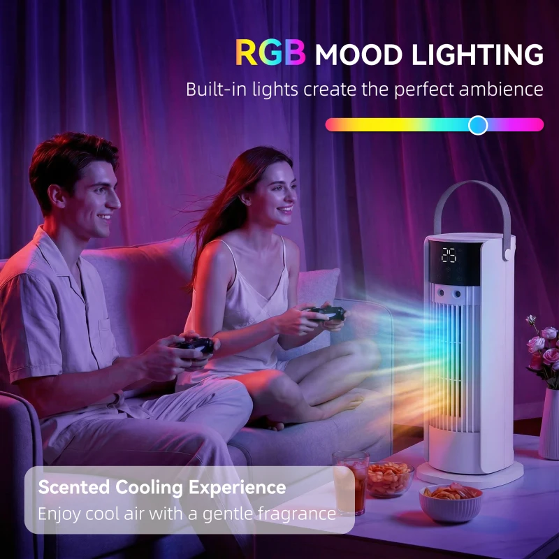 HOMCOM Tower Fan for Bedroom, 16 Inch Mist Desktop Fan with RGB Lights, 3 Speeds, 90° Oscillation, 10H Timer, for Home Office