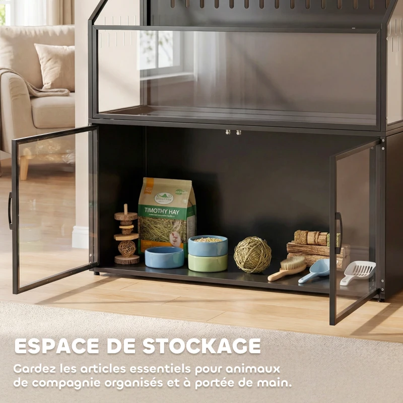 PawHut Cage Hamster 2-en-1 avec Armoire de Rangement pour Rongeur Hamster Syrien et Souris Acier et Acrylique Noir