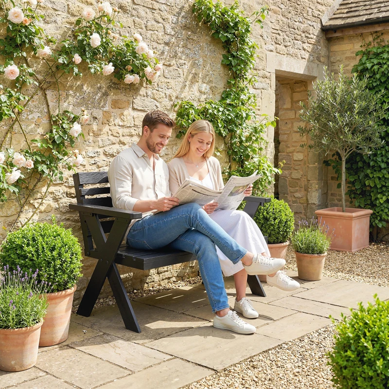 Outsunny 2 Seater Wooden Garden Bench, Slatted Patio Bench with Armrest and Backrest, Black