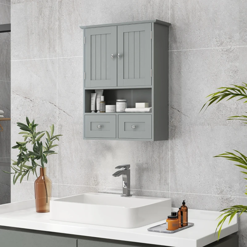 kleankin Mobile bagno da parete con ante, mensola e 2 cassetti, 50,8x17,8x66 cm, Grigio