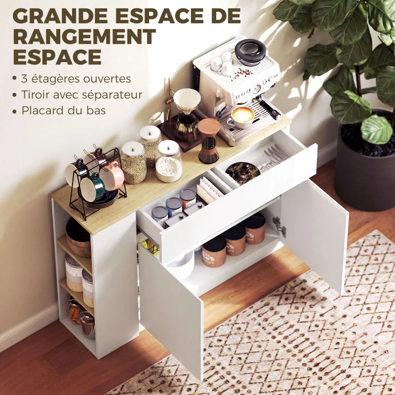HOMCOM Buffet meuble de rangement avec 2 tiroirs 3 étagères ouvertes et placard 2 portes 110 x 29,5 x 82 cm blanc