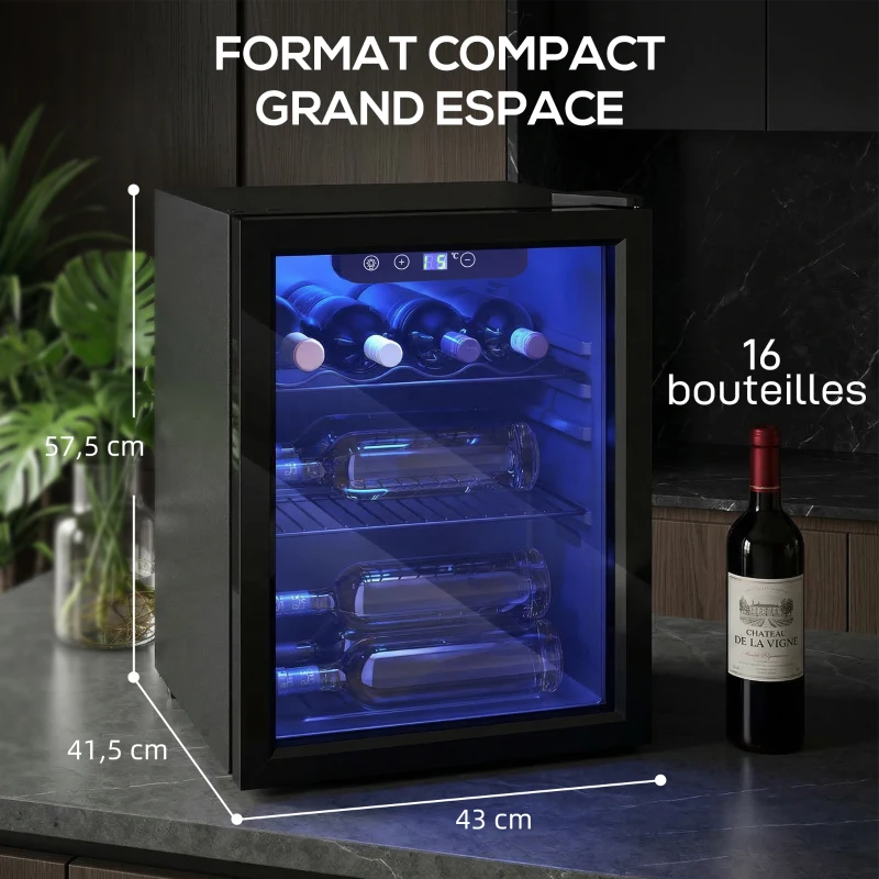 HOMCOM Cave à vin 16 bouteilles 48L, réfrigérateur à vin et boissons avec température réglable 4-16 °C, porte réversible, noir