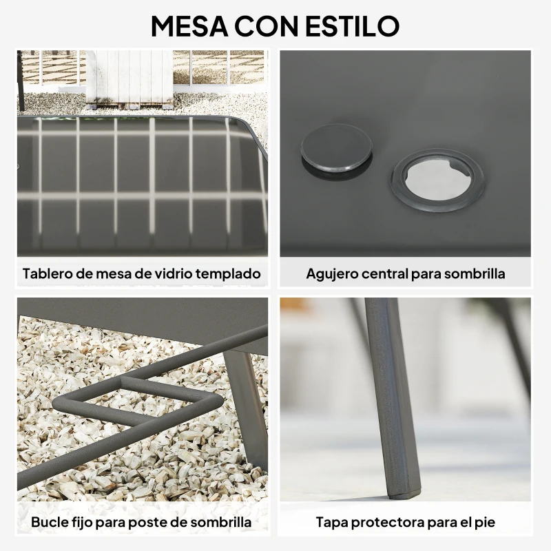 Outsunny Juego de Mesa y 6 Sillas para Terraza con Orificio para Sombrilla y Encimera de Cristal para Terraza Patio Gris