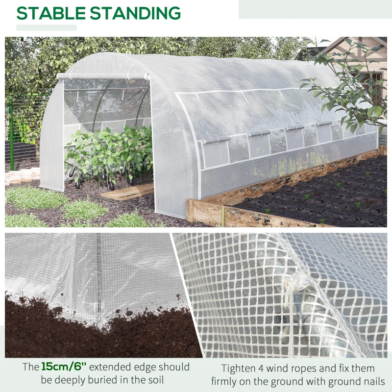 Outsunny 6 x 3 x 2 m Polytunnel Greenhouse - Walk-in Grow House Tent with Steel Frame, Reinforced Cover, Roll-up Side Walls, Zipped Door, and 12 Mesh Windows for Garden, White