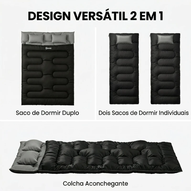 Outsunny Saco-Cama Duplo para Adultos Tamanho Queen para 2 Pessoas com 2 Almofadas e Bolsa de Transporte Preto