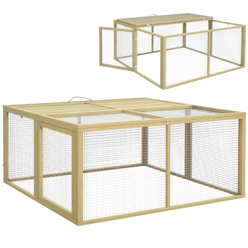 PawHut Wooden Folding Rabbit Hutch, for 2-3 Rabbits - Natural Wood