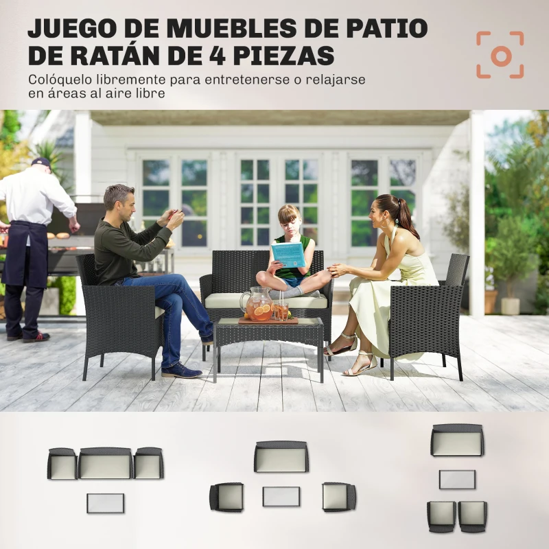 Outsunny Conjunto Muebles Jardín de Ratán Sintético con Sofá Sillones y Mesa de Vidrio Templado y Cojines Negro y Crema