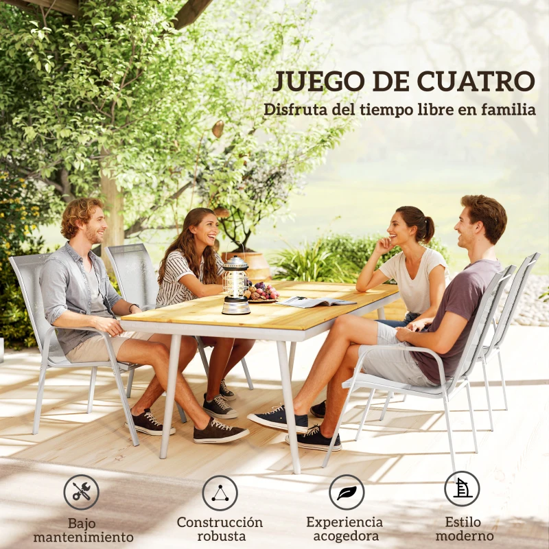 Outsunny Set de 4 Sillas de Exterior Apilables con Asiento de Textilene para Jardín Terraza 54x75,5x95 cm Gris Claro