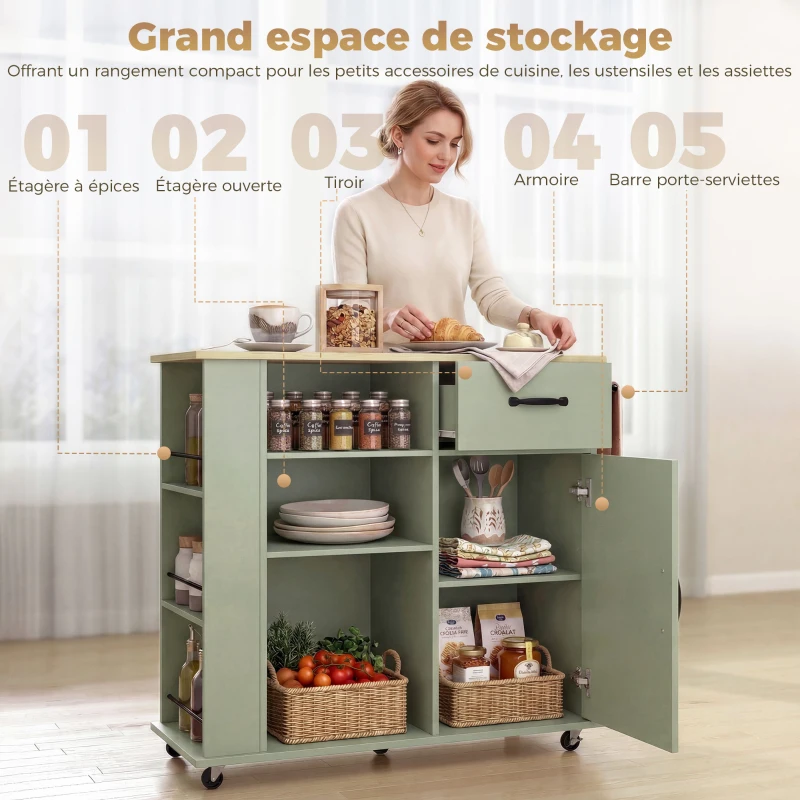 HOMCOM Desserte de cuisine à roulettes, îlot central cuisine avec tiroir, porte, compartiments ouverts et porte-épices, vert