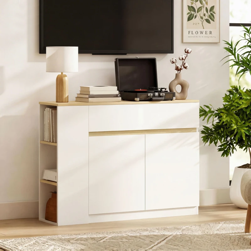 HOMCOM Buffet meuble de rangement avec 2 tiroirs 3 étagères ouvertes et placard 2 portes 110 x 29,5 x 82 cm blanc