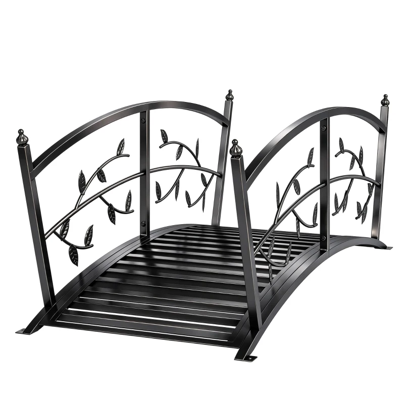 Outsunny Puente de Jardín Metálico 1,2 m Puente Decorativo para Estanques con Barandillas de Seguridad y Diseño de Hojas Negro