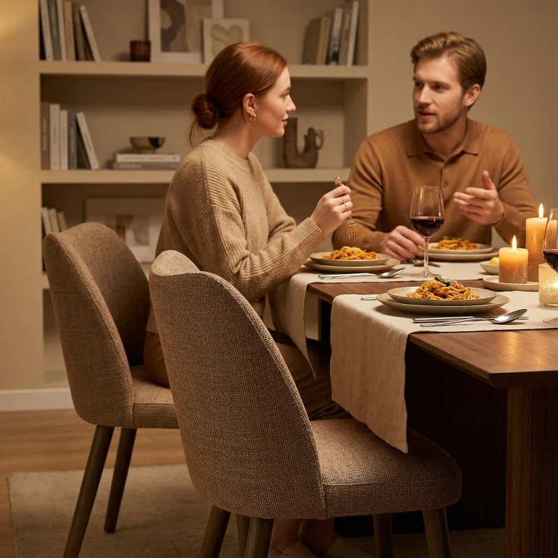 HOMCOM Dining Chairs Set of 2, Linen Upholstered Kitchen Chairs with Padded Seat, Curved Backrest, Rubberwood Legs, Brown