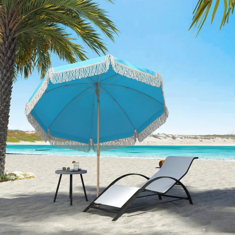 Outsunny 1.7 m Beach Umbrella with Sand Anchor, 30° Tilting Fringed Beach Garden Parasol with Adjustable Height, Grey
