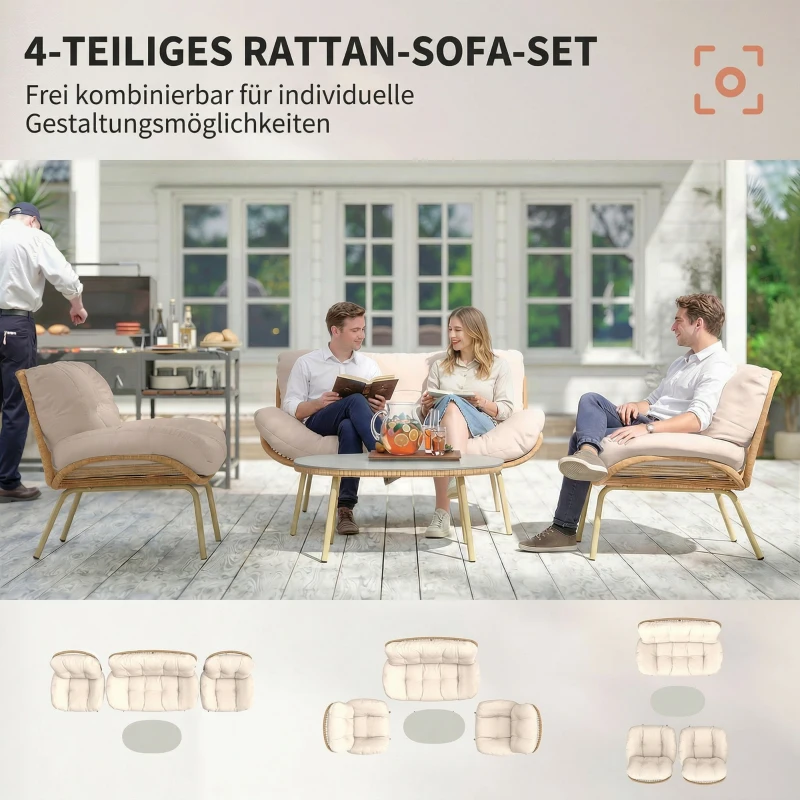 Outsunny Gartenmöbel Set 4-teilig Polyrattan Lounge-Set mit Zweisitzer 2 Sessel Tisch Tiefem Sitz Dicke Kissen