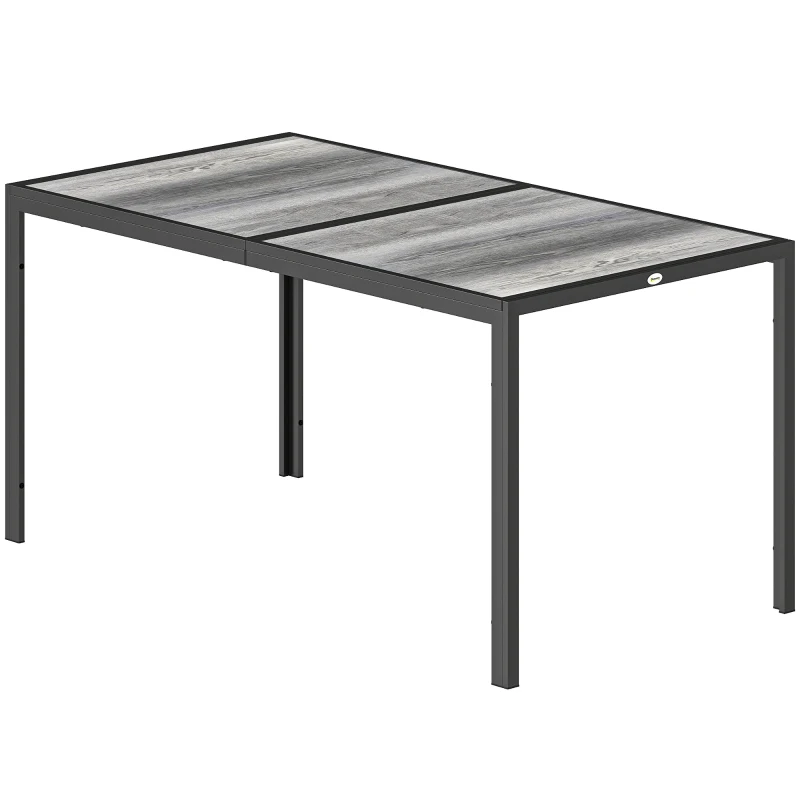 Outsunny Tavolo da Giardino 4-6 Persone con Piano Effetto Legno, in Acciaio e Plastica PSPC, 150x80x74 cm, Grigio e Nero