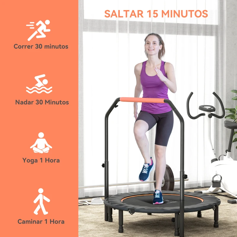 HOMCOM Cama Elástica Plegable Ø114 cm con Mango Ajustable Marco de Acero para Entrenamiento Piernas Cuerpo Naranja y Negro