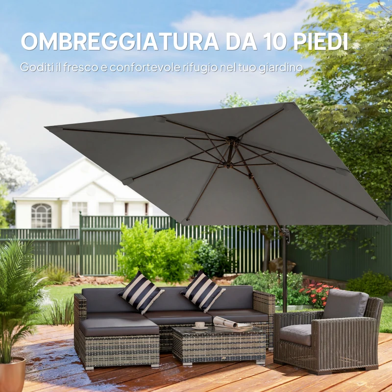Outsunny Ombrellone a Sbalzo Inclinabile 3x3 m con Base a Croce e Manovella, in Poliestere Grigio Scuro