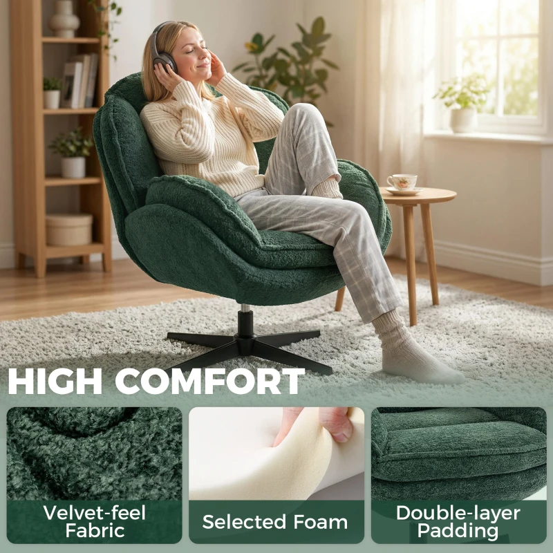 HOMCOM Modern Wingback Accent Chair, Velvet Armchair with Four-Star Base, S-Springs, Swivel, Dark Green