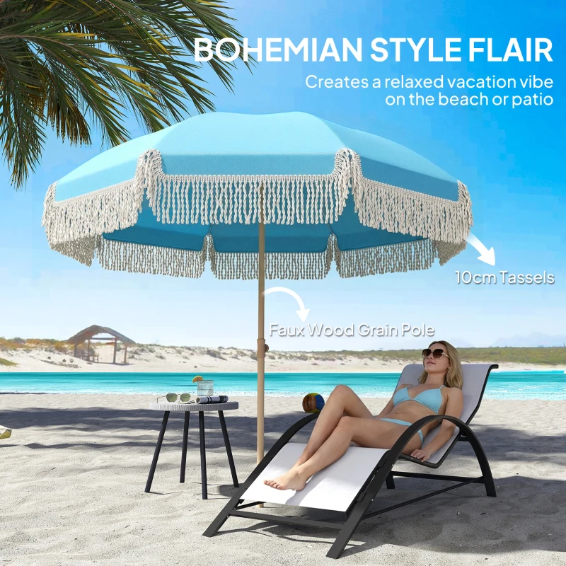 Outsunny 1.7 m Beach Umbrella with Sand Anchor, 30° Tilting Fringed Beach Garden Parasol with Adjustable Height, Grey